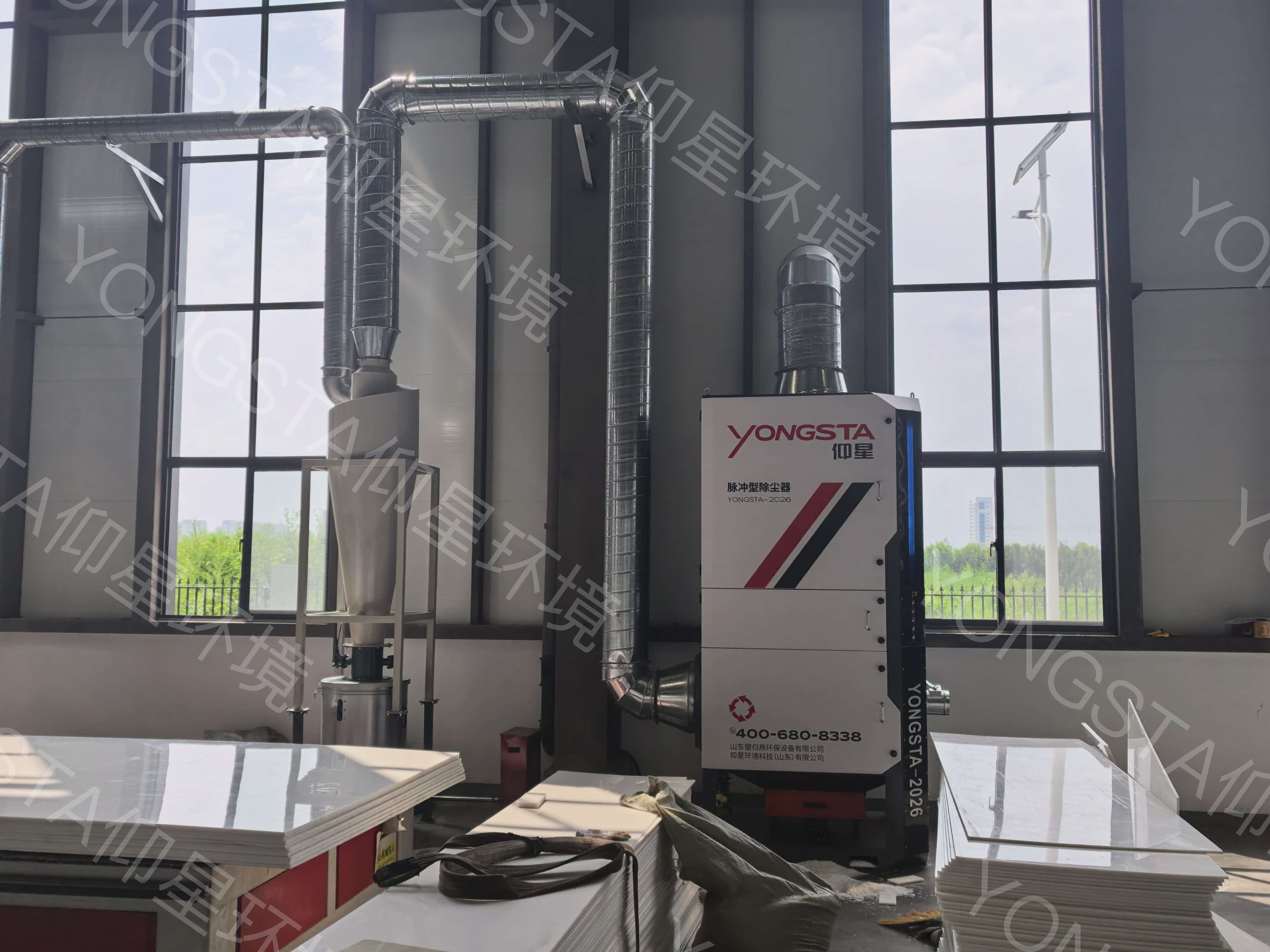 雕刻粉尘两级过滤:锥形旋风分离器前置 + 仰星脉冲滤筒除尘器